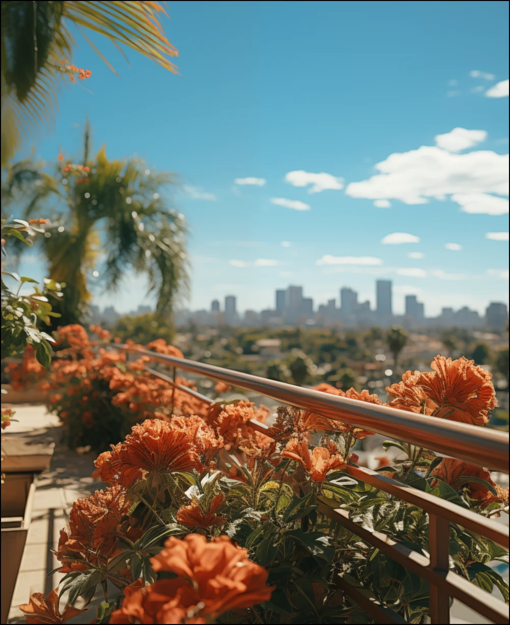 Balcony view of a city: Modern grey architecture against a tranquil white sky blue sunrise